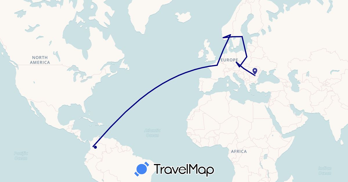 TravelMap itinerary: driving in Austria, Colombia, Czech Republic, France, Hungary, Norway, Poland, Romania, Sweden (Europe, South America)
